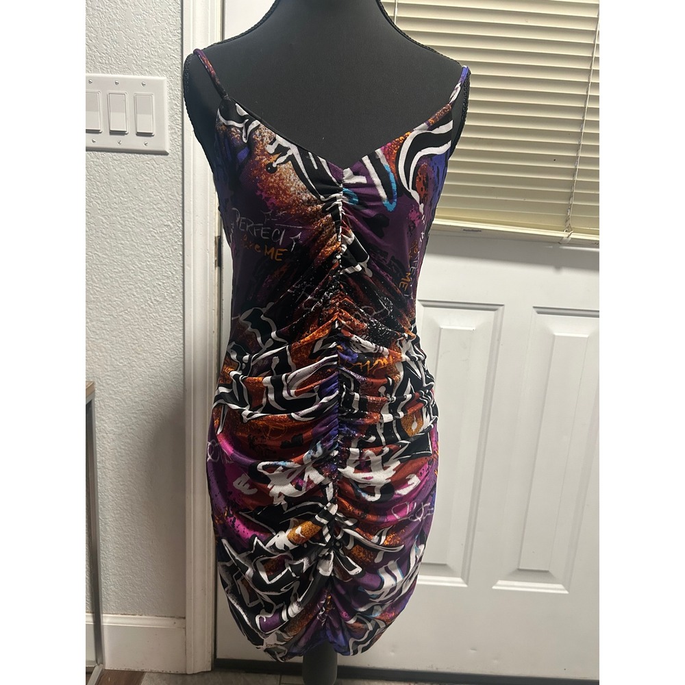 Wearever Graffiti Print Ruched Bodycon Mini Dress Y2K Purple Orange Size M